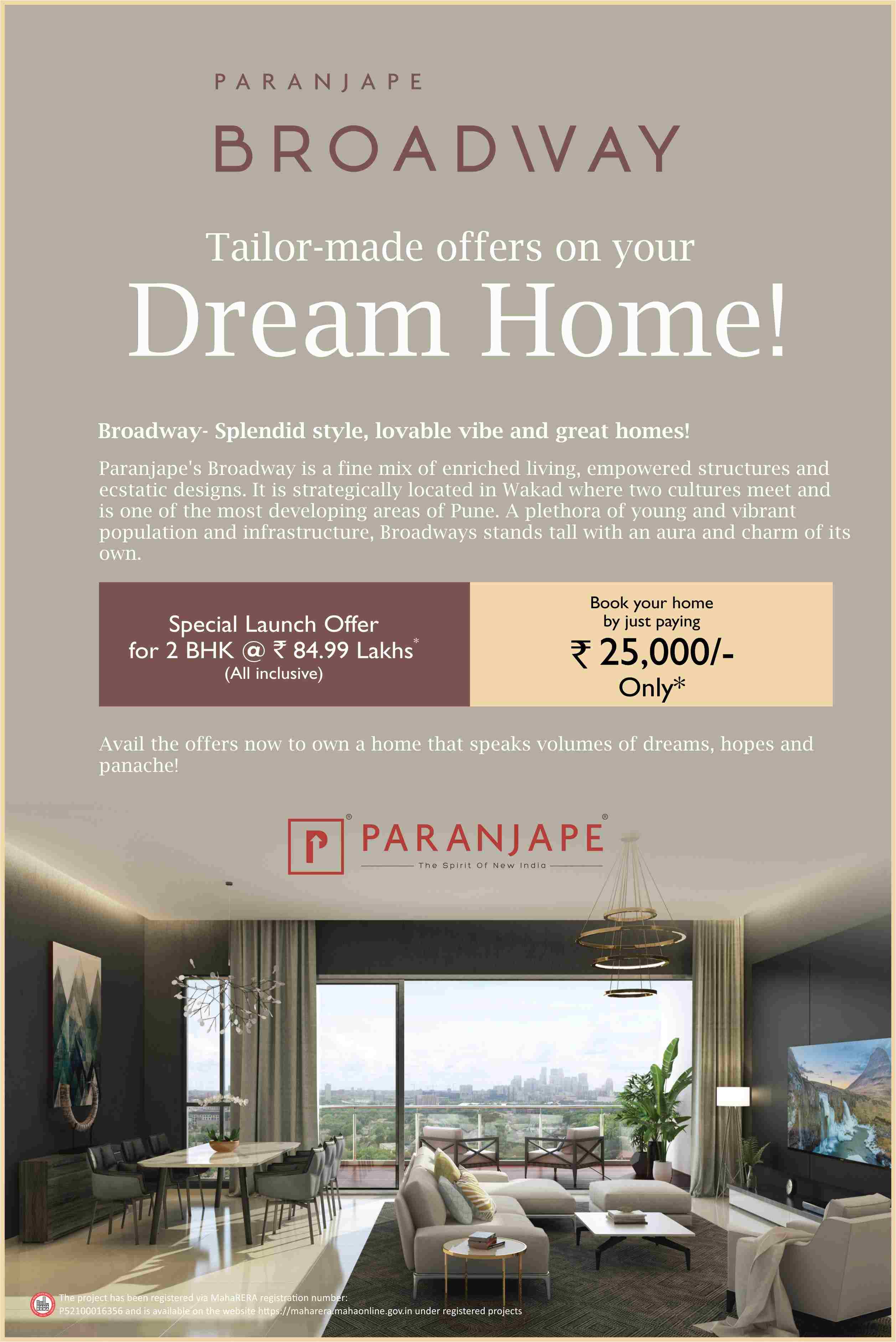 Book your home by just paying Rs 25000 at Paranjape Broadway in Wakad, Pune
